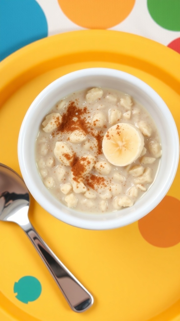 A bowl of oatmeal and banana mash for a baby, with a spoon on a colorful mat.